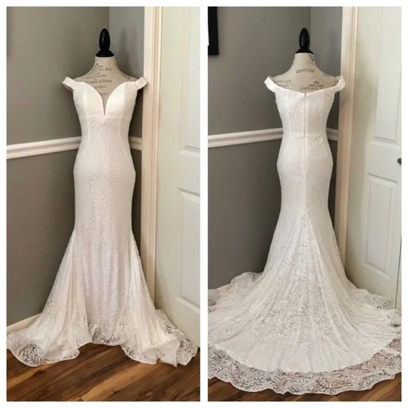 NEW CLARISSE SZ 8 WHITE LACE BEADED OFF SHOULDER FORMAL EVENING WEDDING DRESS - Picture 2 of 14